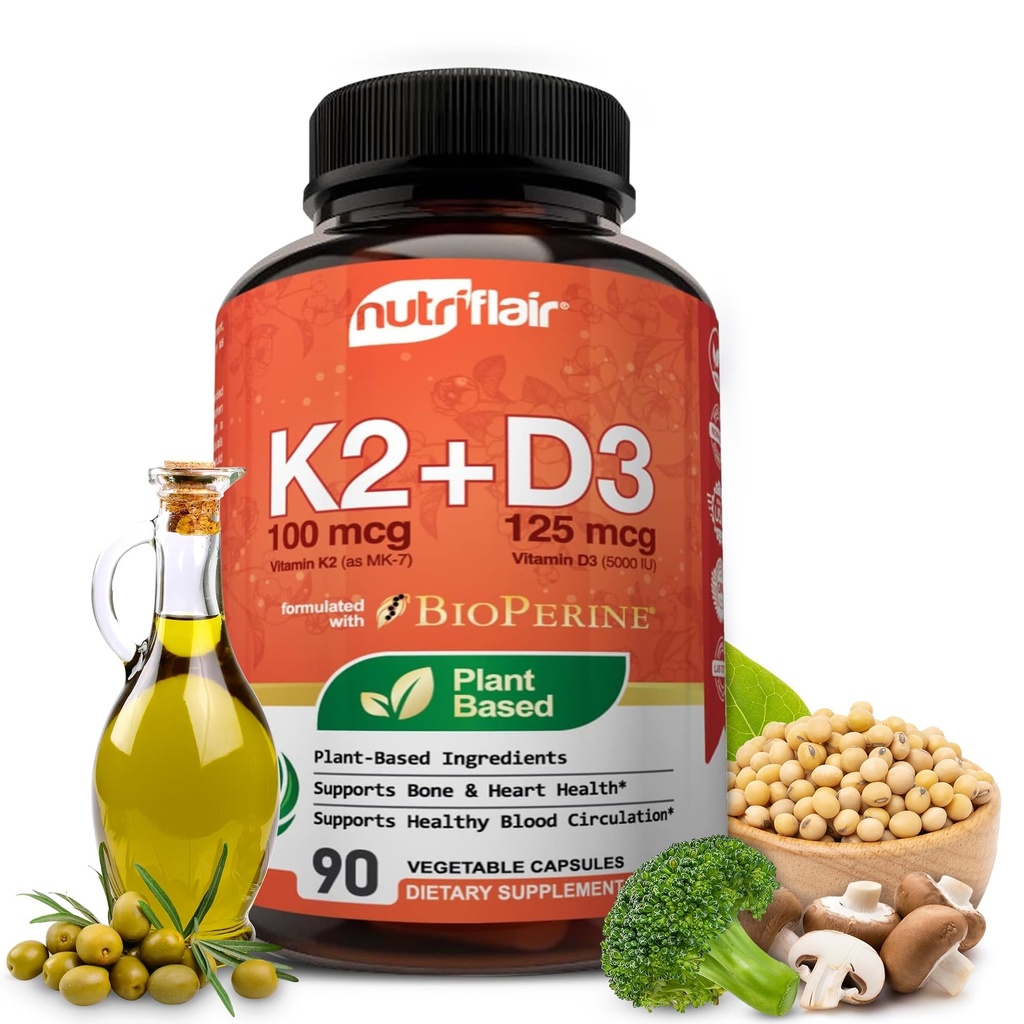 Nutric Flair Vitamin D3 (5000iu / 125mcg) + K2 (jako Mk7) - Wykonane z składników opartych na plantacji Plus BioPerine Black Pepper Extract, 90 Kapsułki - Pomaga zdrowe immunologiczne, Serce i zdrowie - Nie-GMO Pigułki