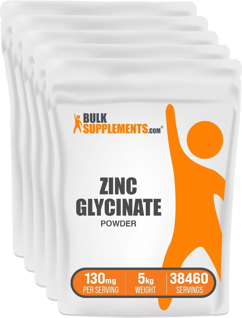 BulkSupplements.com Proszek glicynian cynku - Suplement cynku, Suplement mineralny do wsparcia immunologicznego - Bez glutenu, 130mg na porcję, 5kg (11 funtów) (opakowanie po 5 sztuk)