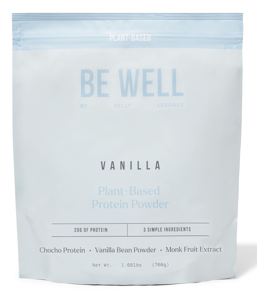 Bądź dobrze przez Kelly Vanilla Plant- Protein Based Powder, Wegan 20G Białko 8G Fiber 0 Karb netto (3 Składniki, 20 Służenia) 9 Amino Acids + 3 BCAAs No Soy, No Dairy, Stevii-Free, No Sugar Dodano 1.68lb 760g