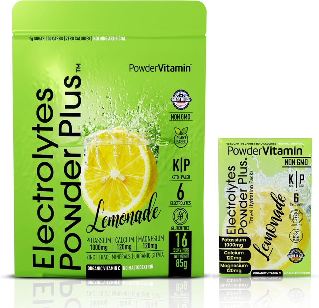 PowderWitamina Electrolytes Powder Plus, Keto, Lemoniada, Cukier wolny, Pink Himalayan Salt, 1000mg Potasu, 120mg Wapnia, 120mg Magnezu, Non-GMO, Zero Kalorii, (16 pakietów nawadniających)