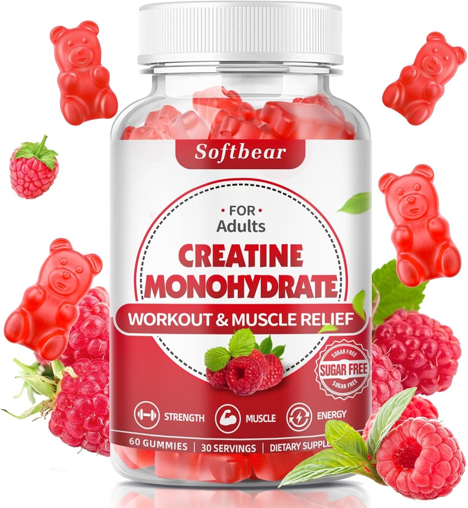 softbear Gummie jednowodzian dla mężczyzn Kobiety, Wegańskie Suplement kreatury 5000mg Gummie Creature HCL Pre Workout dla mięśni Builder Siła Malina Flavor 60 Hrabia