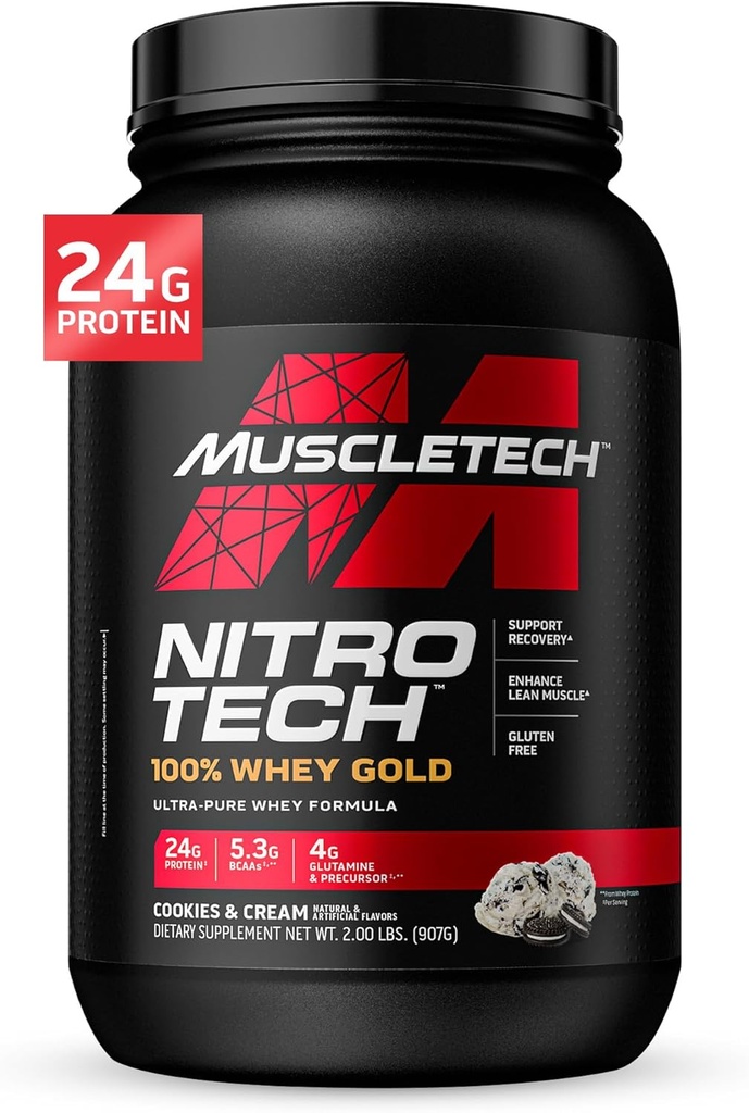 Proszek z serwatki MuscleTech, Proszek z serwatki NitroTech, Proszek z serwatki, Proszek z serwatki, Proszek z serwatki, Proszek z serwatki dla kobiet i mężczyzn, Ciasteczka i Śmietana, 2 lb (28 Serwatek) - opakowanie może się różnić