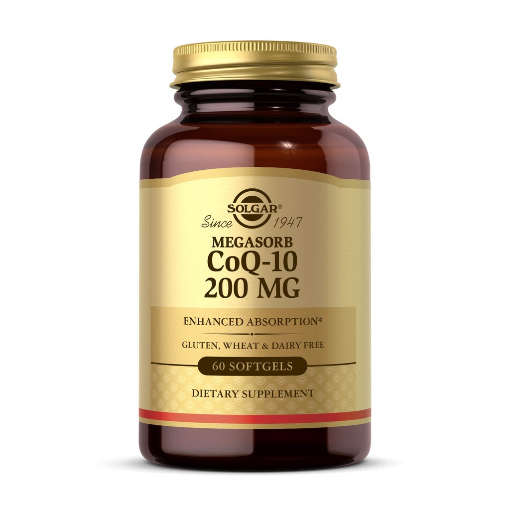 Solgar Megasorb CoQ- 10 200 mg, 60 Softgels - Wspomaga funkcje serca i mózgu - Coenzym Q10 Suplement - Wzmocnione wchłanianie - Gluten Free, Dairy Free - 60 Służenie