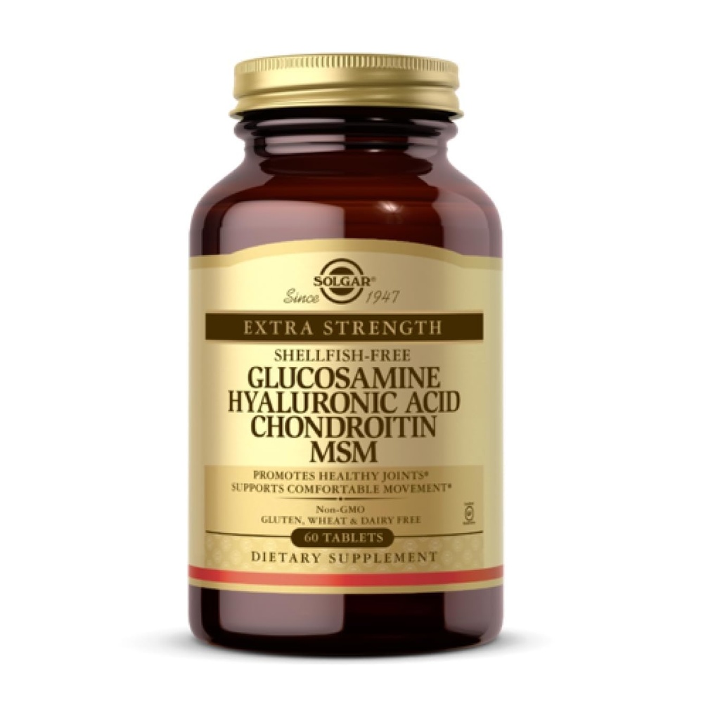 Solgar Glukozamina Kwas hialuronowy Chondroitin MSM (Shellfish- Free), 60 Tablets - Joint Support & Comfort - Supports Active Lifestyles - Non-GMO, Gluten Free, Dairy Free - 20 Servings