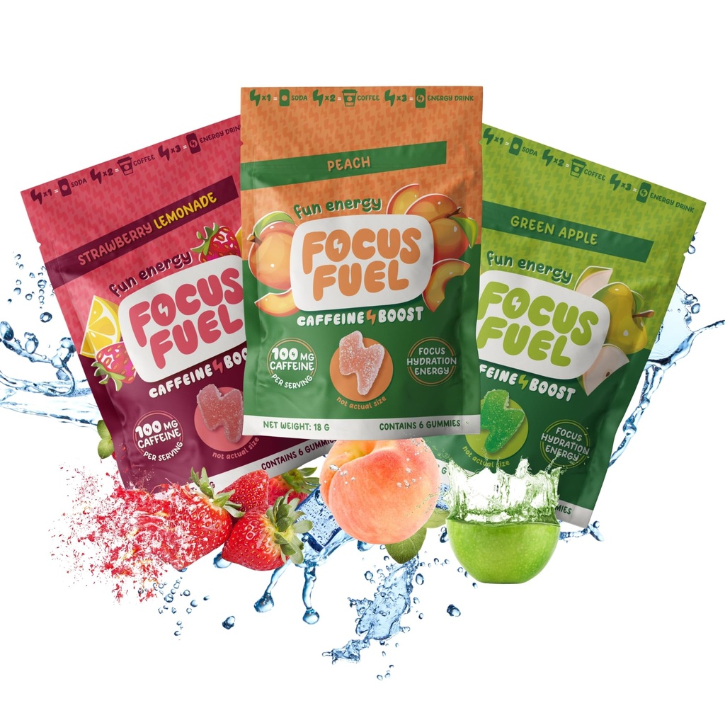 FocusFuel Energy Chews - Rozmiar próbny Próbka Pack (9 Servings) - 100mg Kofeina + Alpha GPC + L- Theanine + B12, Magnez - Brzoskwinia, Zielone jabłko, Lemoniada truskawkowa Flavors - No Crash lub Jitters