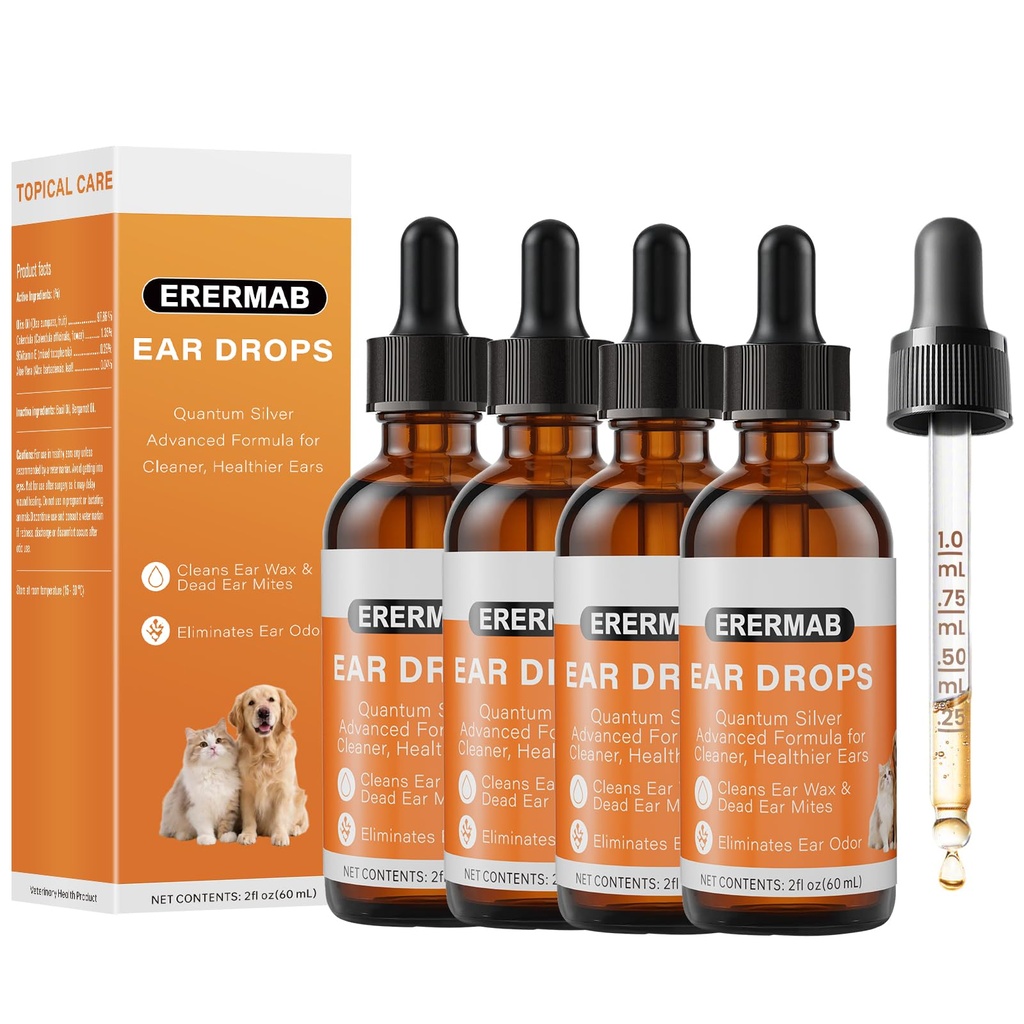 4 Pack Dog Ear Drops, Dog Ear Cleaner Drops, Ear Infection Treatment for Dogs and Cats, Natural Herbal Ear Cleaning Solution for Dirty,Itchy,Smelly,Inflammed Pet Ears, 2 oz with Dropper