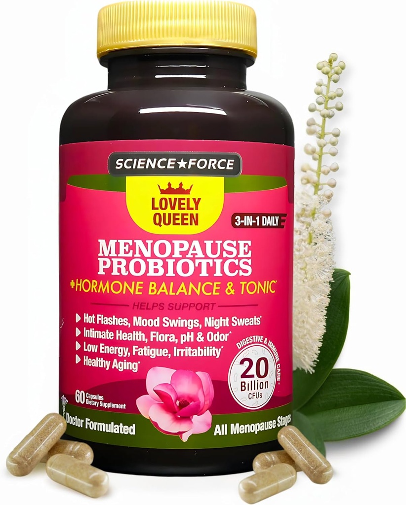 Nostalgia menopauza suplement + hormon równowagi + zarządzanie wagą, gorące błyski, huśtawki nastrojowe, zdrowie i suchość pochwy 124; czarny Cohosh, Dong Quai, Ashwagandha + Probiotyki, suplement