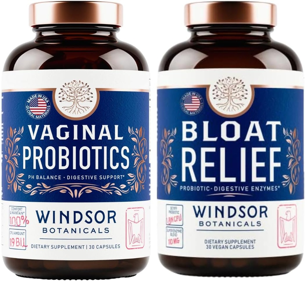 WINDSOR BOTANICALS Bloat Relief Probiotic z enzymami i probiotyki pochwy - Paleta pokarmowa i waginalna zdrowia
