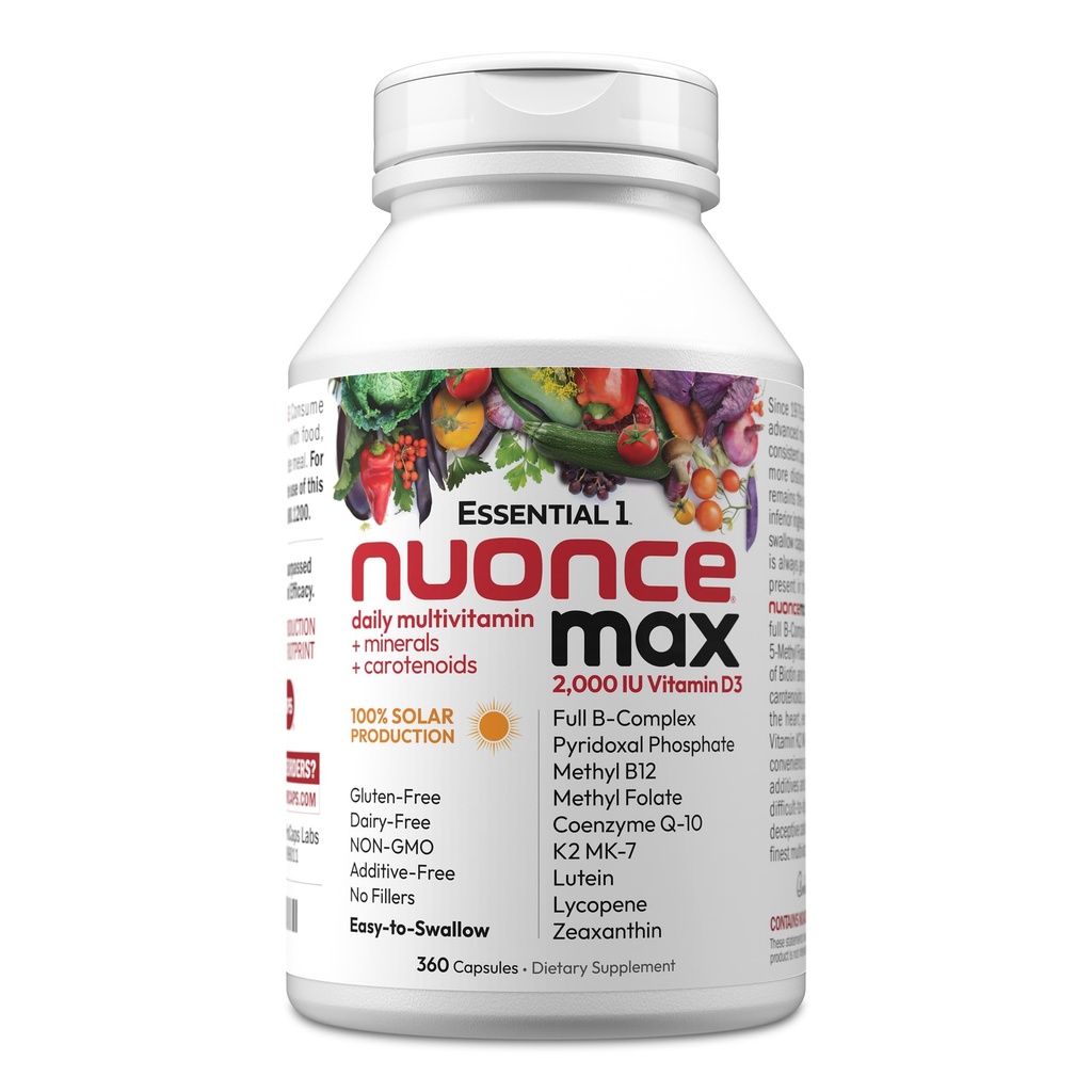ANDREW LESSMAN Essential-1 nuonce max Multivitamine 2000 IU Witamina D3 360 Małe kapsułki. 100 µg Metylu B12. CoQ10 Lutein Lycopene Zeaksantyna. Wysoka moc. Żadnych dodatków. Ultra- łagodny jeden dzień kapsułki