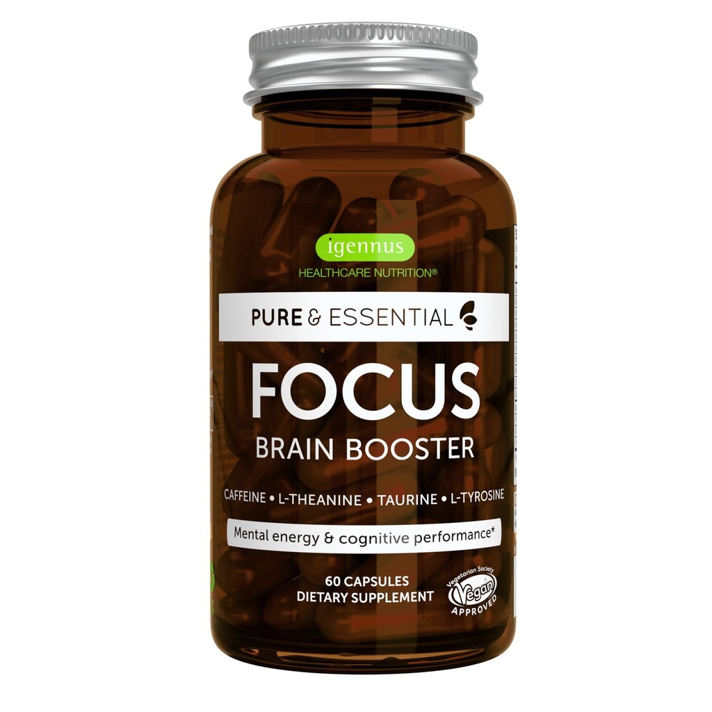 Igennus Focus - Nootropowe z 200mg naturalnej kofeiny, Metylowane witaminy B, L- Theanina, Tauryna, L- Tyrozyna, Czysta energia, Booster mózgu i Cognitive Performance, Non Jittery, 60 Kapsułki