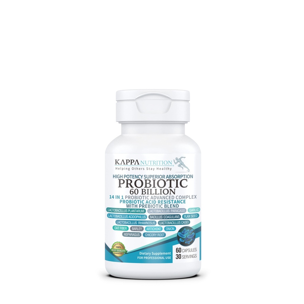 KAPPA NUTRITION Probiotic 60 Miliard CFU 14 w 1 Formuła z Prebiotyki i Acidophilus dla kobiet, Mężczyźni i dorośli, Półka Stabilny, Kwaśny odporny, Naturalny Suplement 60 Kapsułki.