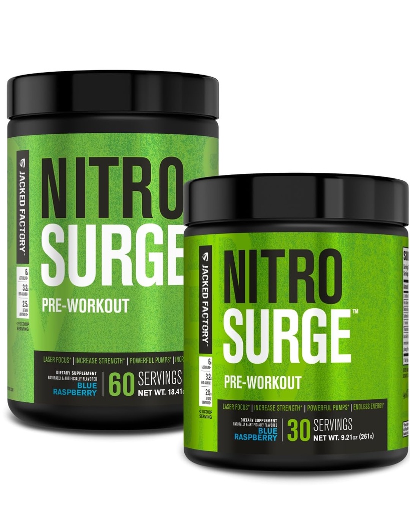 Jacked Factory NITROSURGE PreWorkout Supplement - Energy Booster, Instant Siła Zyski, Clear Focus & Intensywne pompy - NO Booster & Potężny Prettenment Energy Powder - 90 Słupki, Niebieski Malina