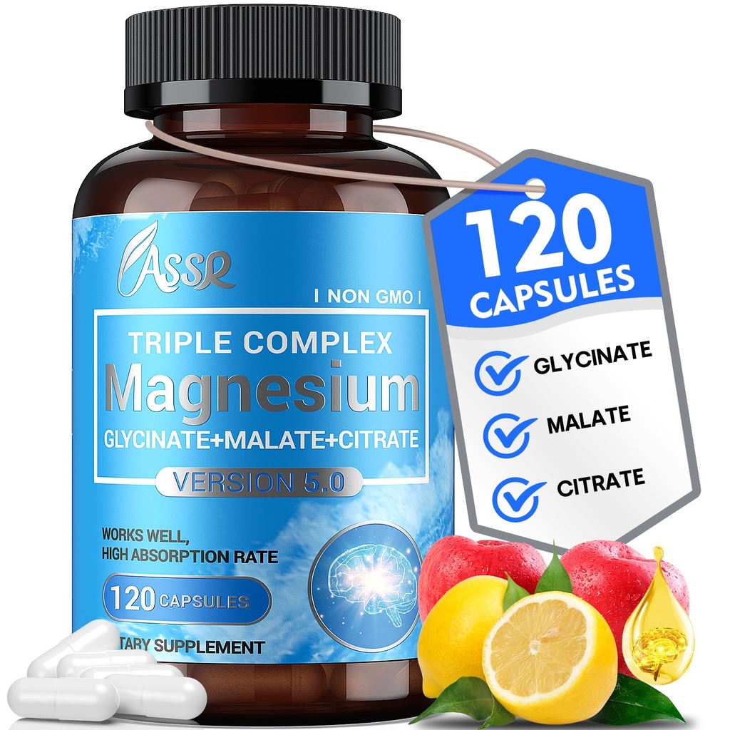 ASSR Triple Magnesium Complex – 300mg Magnesium Supplement with Glycinate, Malate & Citrate – Supports Relaxation, Muscle & Nerve Function – High Absorption, Vegan, Non-GMO, 120 Capsules