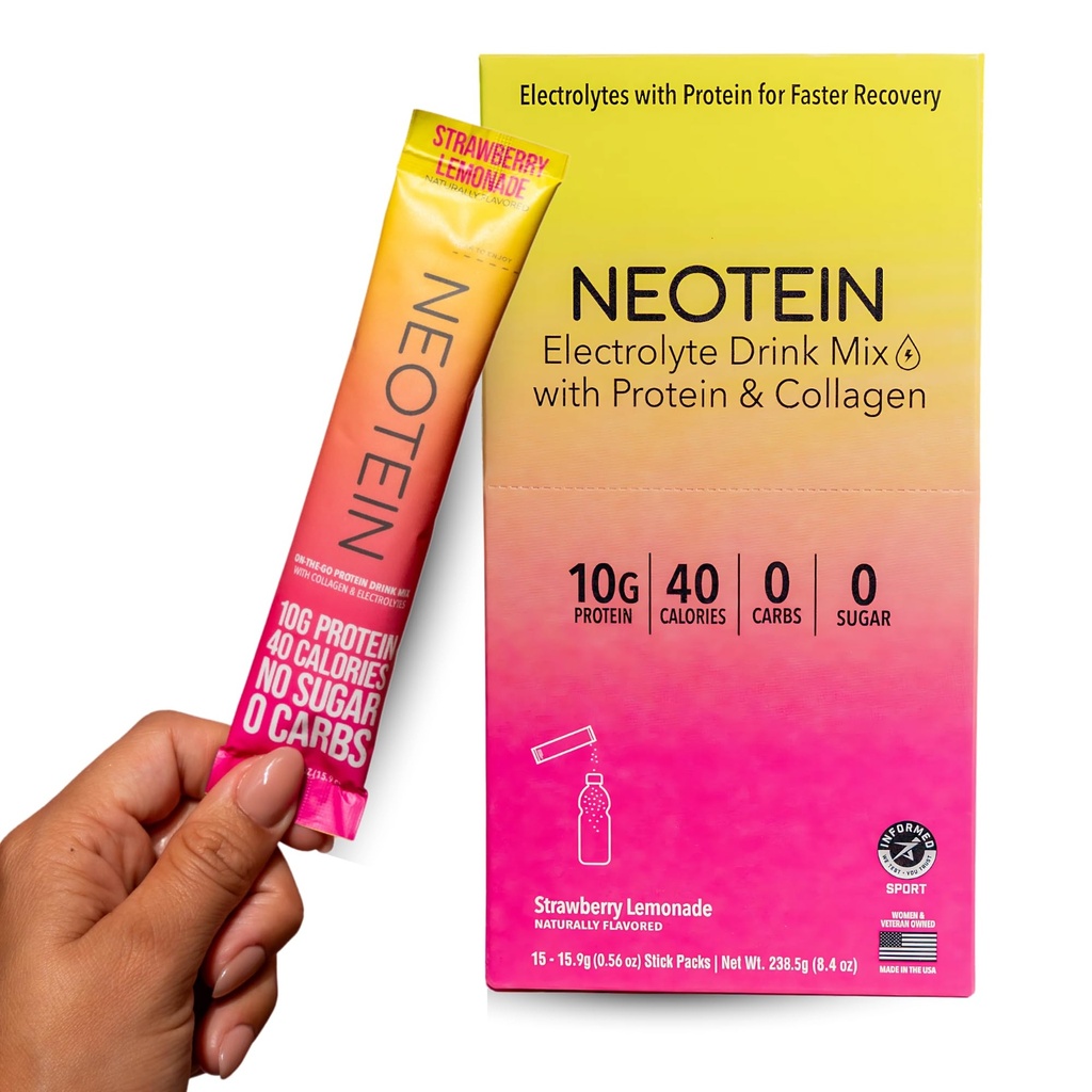 NEOTEIN: Pakiety proszku elektrolitów, Proszek proteinowy z 10 g białka i kolagenu 124; Pakiety nawadniające - Zero cukru, NO Fillers, NO węglowodany 124; Lemoniada truskawkowa 124; 40 Kalorii 124; Keto & Paleo