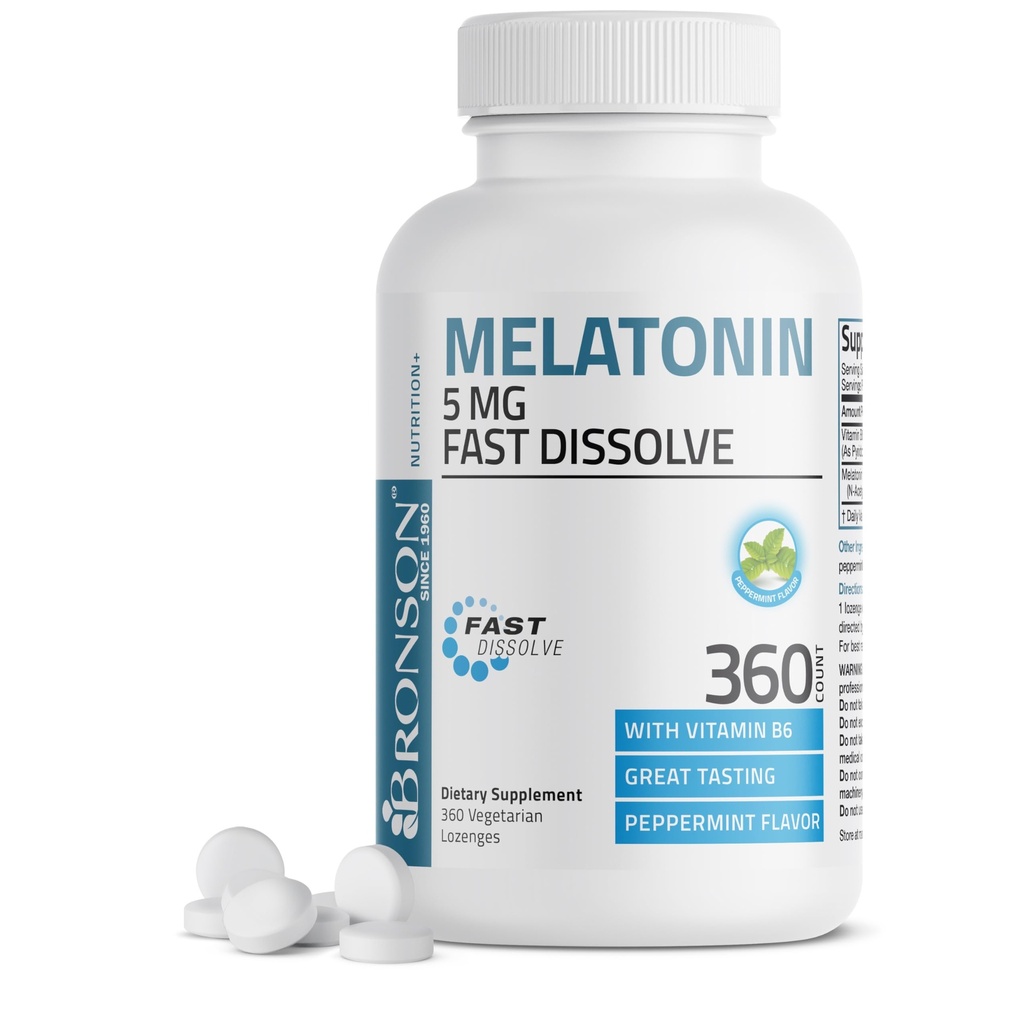 Bronson Melatonin 5 mg Szybko Rozpuścić Peppermint Tabletki z witaminą B6 - Promotes Relaxation, 360 Wegetariańskie lizać Lozenges