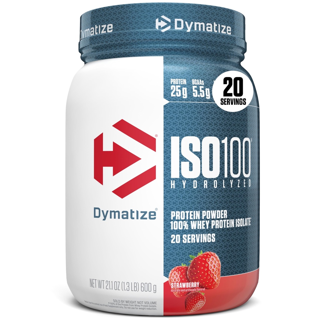 Dimatize ISO100 Proszek proteiny serwatki Izolat, Truskawka, 25g białka, 5,5g BCAA, Mniej niż 120 Cal., Gluten Free, 1g tłuszczu, 1g cukru, 2g Carb (20 Sług)