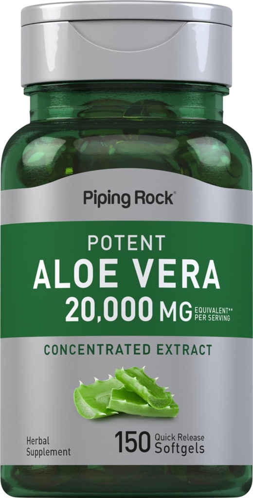 Piping Rock Aloe Vera Kapsułki 20000mg Bilans 124; 150 Softgels Bilans 124; Skoncentrowany suplement ekstrakcji Bilans 124; Non-GMO, Gluten Free