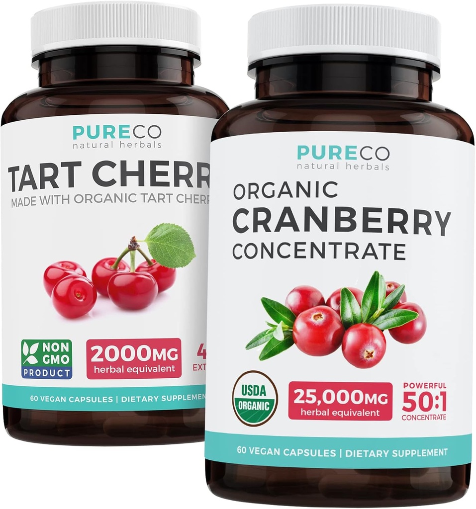 Paleta Organic Cranberry Pills & Tart Cherry - Clean & Clear Paleta - Urynary Tract & Acid Support - Organic Cranberry Pills - 50: 1 Concentrat & Organic Tarta Cherry kapsułki - 4: 1 Extract