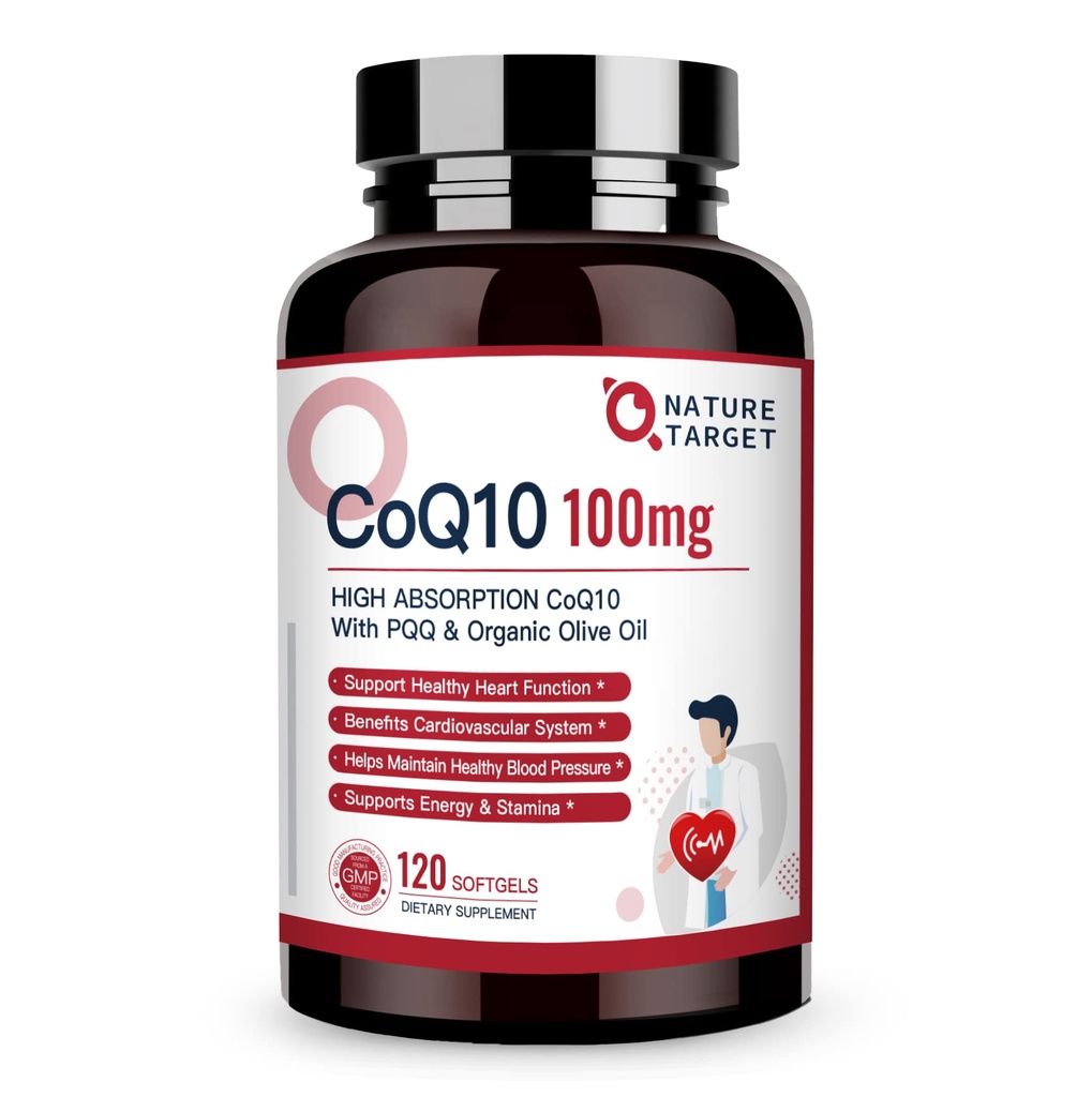 NATURE TARGET CoQ10- 100mg- Softgels with 10mg PQQ - High Absorption Coenzyme- Q10 with Organic- Olive- Oil - Antioksydant for Heart & Brain Health, Cellular- Energy-Production, 120 Servings