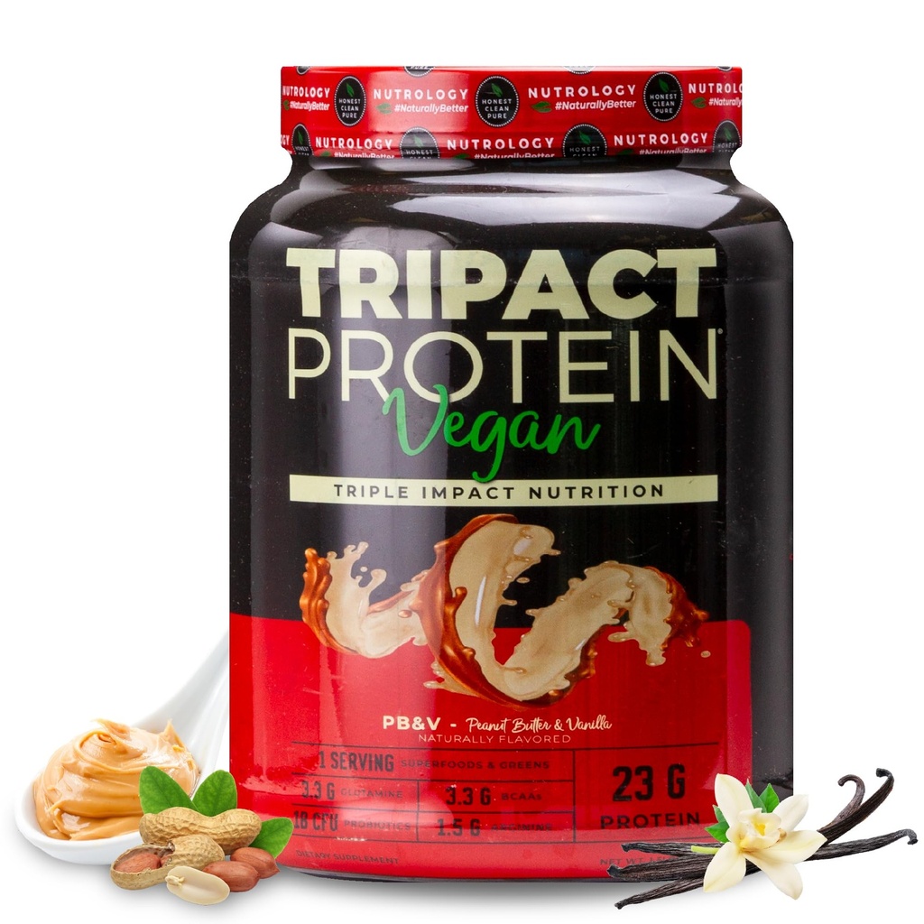 Nutrologia TRIPACT Vegan Protein Powder - Organic Pea, Rice & Pumpkin Protein, BCAA & Glutamine Plant-Based Meal Replacement Shakes for Muscle Recovery & Immunity, Masło orzechowe i Wanilia, 20 Służenia