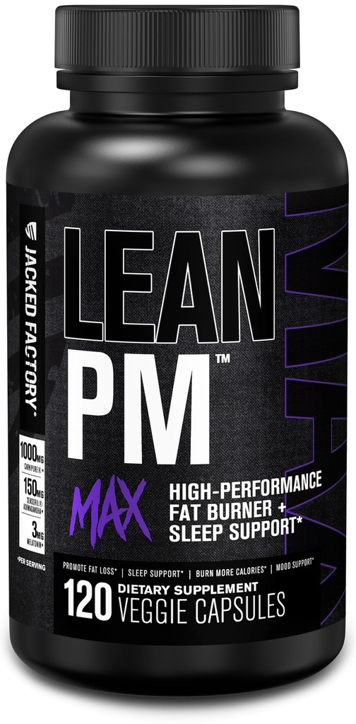 Jacked Factory Lean PM Max - Wysokowydajna utrata masy ciała, wsparcie snu, spalanie tłuszczu, & Appetite Suppressant dla mężczyzn i kobiet w / Melatonina, Magnez, Carnipure, & Ashwagandha - 120 tabletek dietetycznych