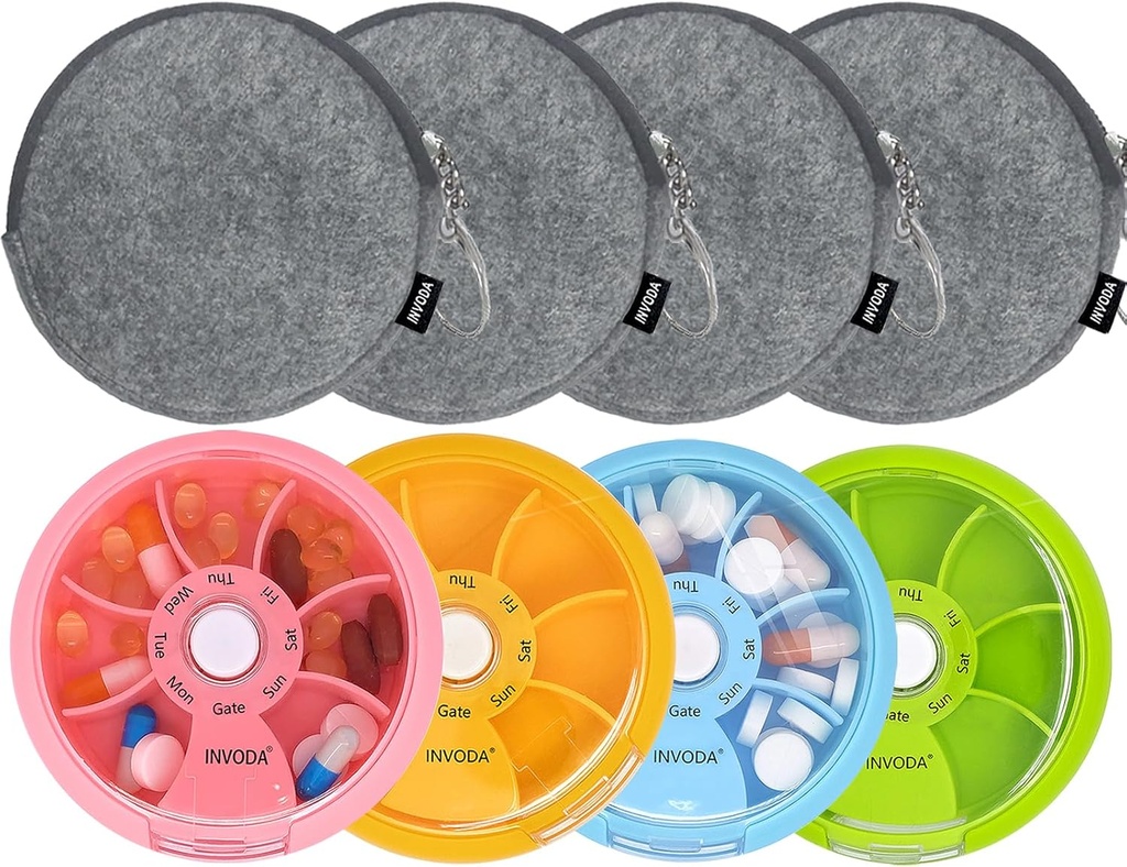INVODA Cotygodniowy pill organizer 7 Cometude Rotating pill Box for Daily Medication & Vitamins - Przenośny Travel Pill Case Fish Supplements Vitamin Organizer (4 Pill Box + 4 Bag)