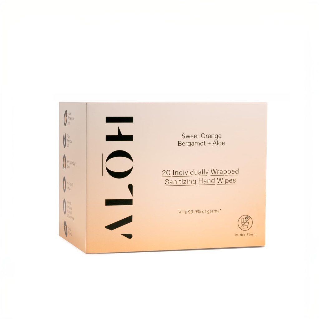 ALŌH Skin - Softening Sanitizing Hand Wipes – Sweet Orange Bergamot (1 Box of 20 Individual Wrapped Wipes)