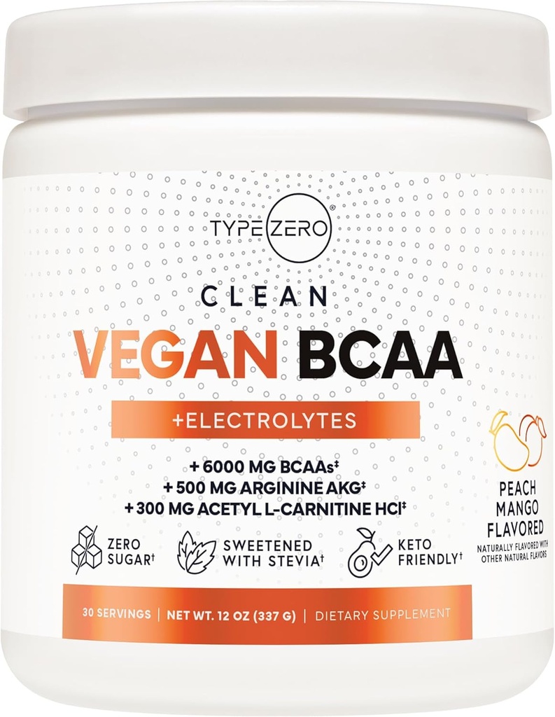 Ultra Clean Vegan BCAA Proszek + Electrolytes (Peach Mango Between 124; 6G) 2: 1: 1 Wolny od cukru / Nie Sukralose BCAAs Acids Supplement for Women / Men - Best BCAA Vegan Acids Acids Amino After Post Workout Recovery Drink