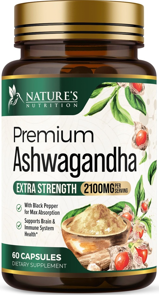 Ashwagandha Suplementy - 2100mg Ashwagandha Kapsułka dla Kobiet i Mężczyzn, Natural Antioksydant Support, Ashwa Root Extract, Extra Siła Calm Support z Black Pepper, Vegan & Gluten Free - 60 Kapsułki
