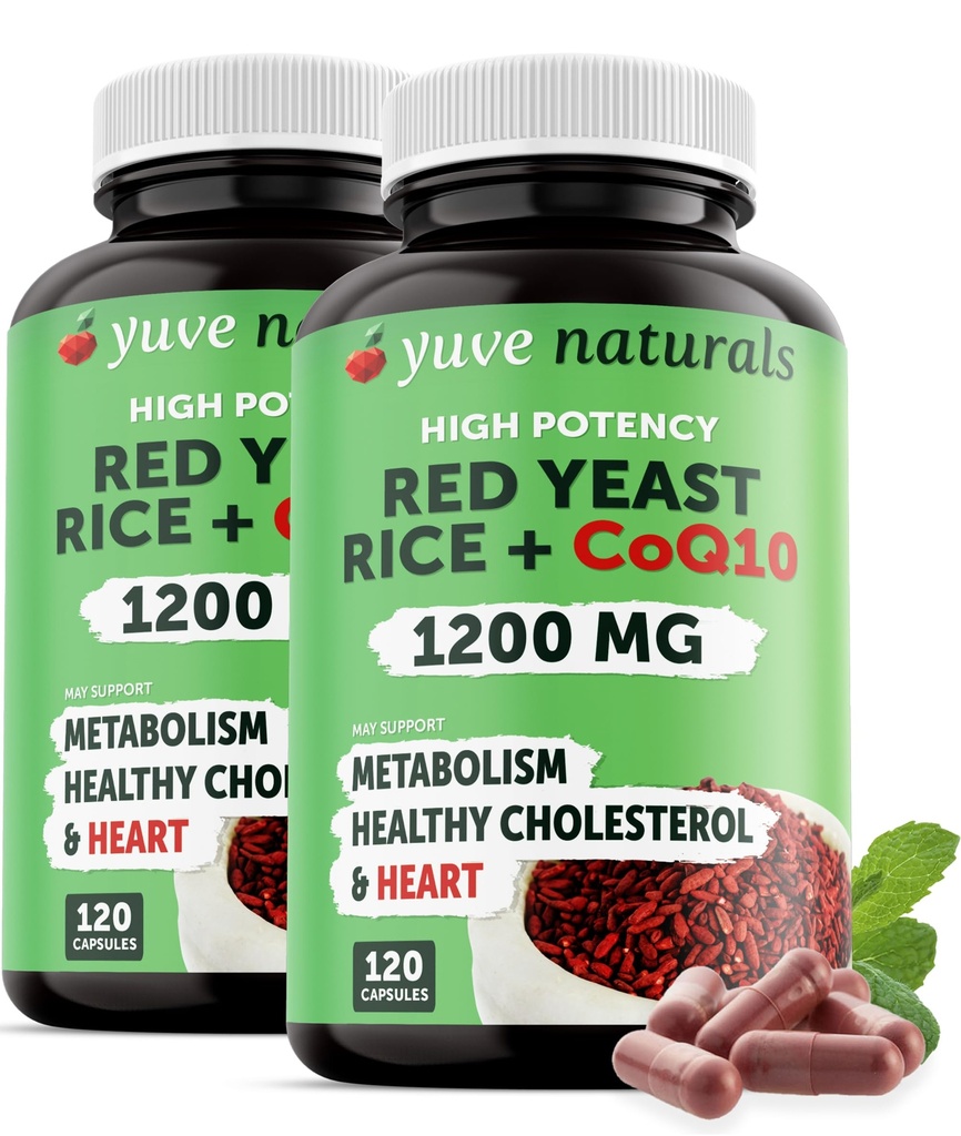 Red Yeast Rice 1200 mg Kapsułki z CoQ10 - Zachowanie Zdrowych poziomów cholesterolu, Herbal Heart Health Vegan Red Yeast Rice Supplement - Czerwony ryż Yeast z CoQ10 dla kobiet i mężczyzn - 120 Ct (2- Pack)