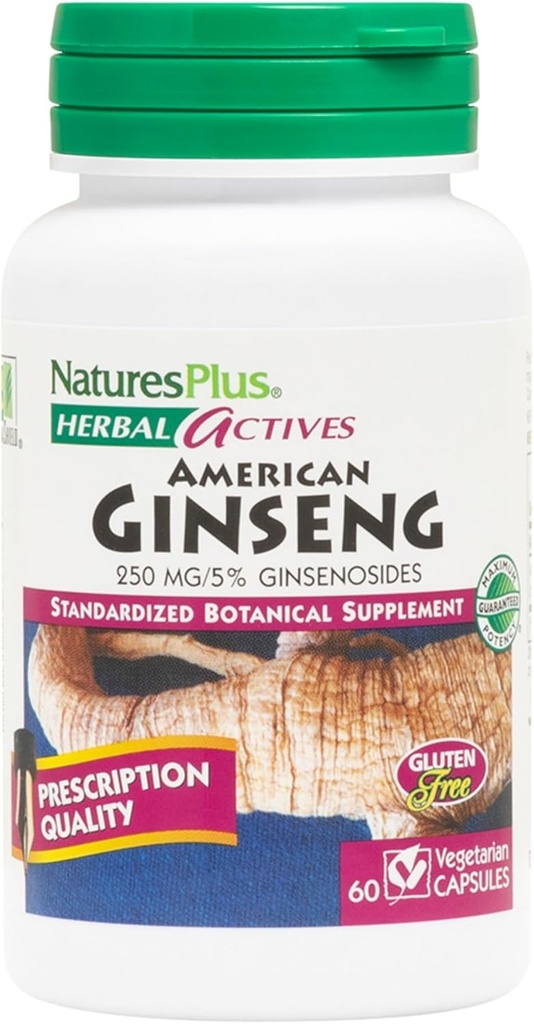 Nature Plus Herbal Actives American Ginseng - 250 mg, 5% Ginsenozydów - 60 Kapsułek wegańskich - Bez glutenu - 60 Służenia