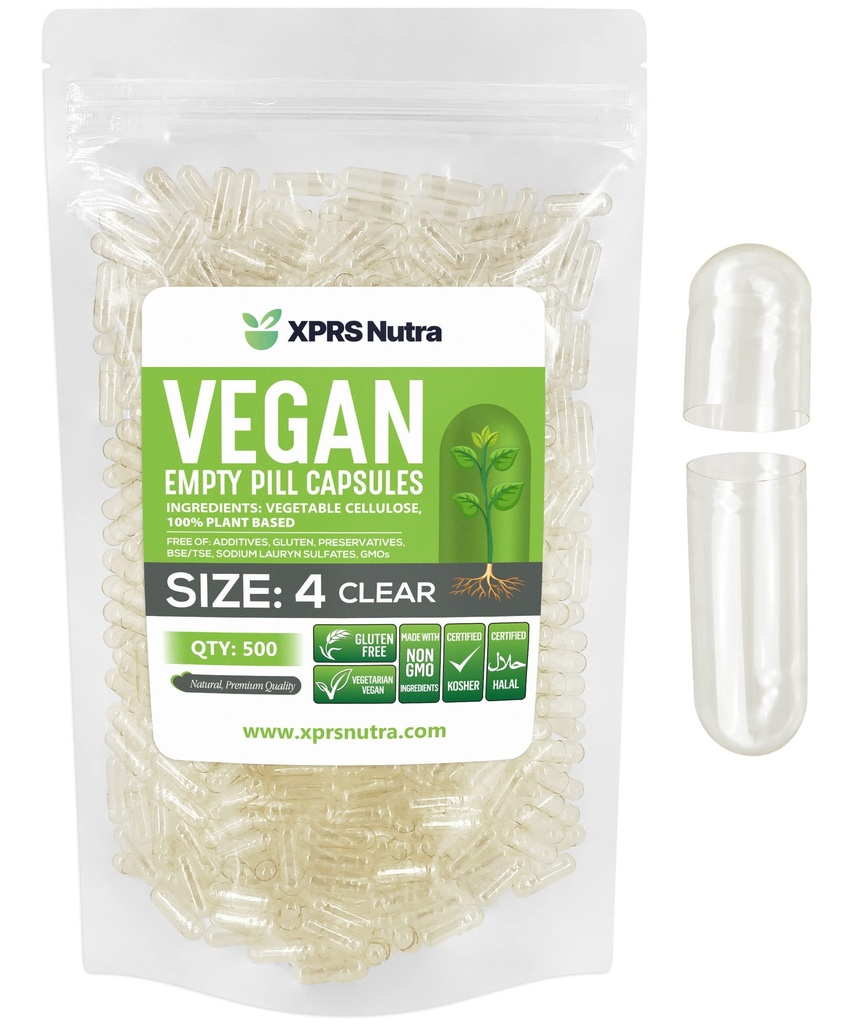 XPRS Nutra Rozmiar 4 Puste kapsułki - 500 Odliczanie klarownych małych pustych kapsułek wegańskich - DIE Kapsułki warzywne Napełnianie - Wypełniane Do- It- Yourself Veggie Pill Czapki na suplementy
