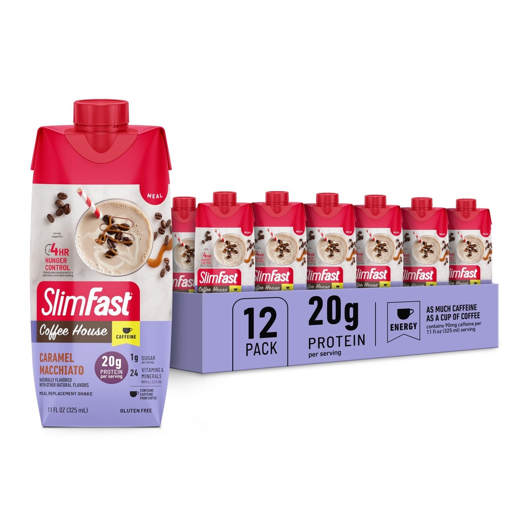 SlimFast Protein Shake z kofeiną, karmel Macchiato- 20 g Białko, shakes replacement posiłek, wysoki poziom białka z niskiej węglowodanów i niski cukier, 24 witaminy i minerały, 12 Hrabia (Pack of 1)