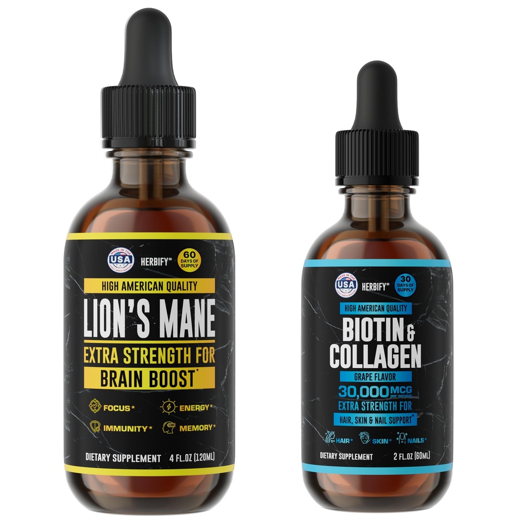 HERBIFY Bundle - Lions Mane Drops & Biotin and Collagen - Wsparcie dla mózgu, włosów, skóry i paznokci