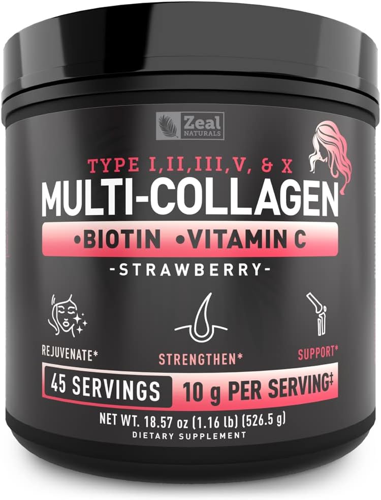 Premium Multi Collagen Peptydes Protein Powder (1, 2, 3, 5 i 10) z witaminą C, Biotin, kwas hialuronowy, do włosów skóry i paznokci - Marine, Bydło, Kurczak i skorupa jaj (Truskawka, 45 Słupki)