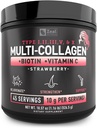 Premium Multi Collagen Peptydes Protein Powder (1, 2, 3, 5 i 10) z witaminą C, Biotin, kwas hialuronowy, do włosów skóry i paznokci - Marine, Bydło, Kurczak i skorupa jaj (Truskawka, 45 Słupki)