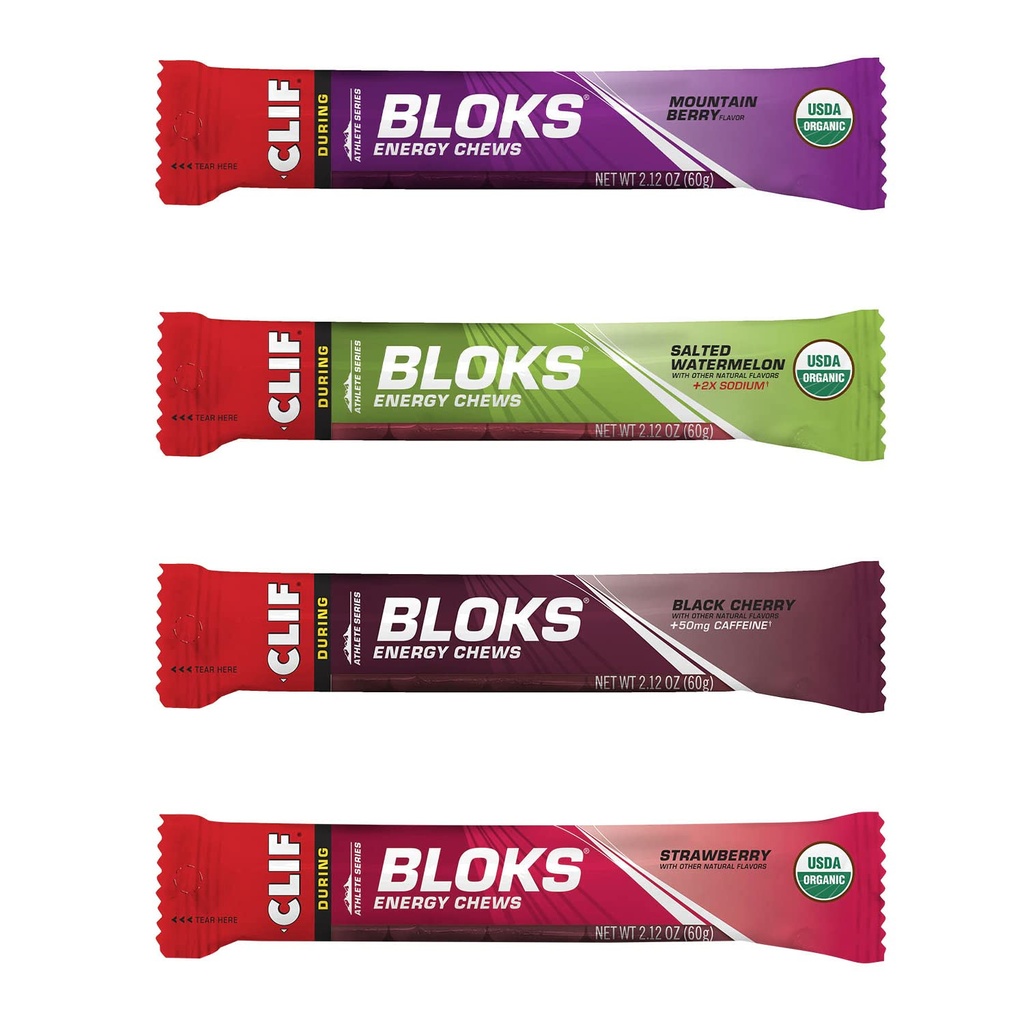 CLIF BLOKS - Przeżuwacze energetyczne - 4 Pakiety zapachowe - Non-GMO - Żywność na bazie roślin - Szybkie węglowodany do jazdy na rowerze i biegania - Przekąski treningowe (2.1 Pakiet z ounce, 12 Count)