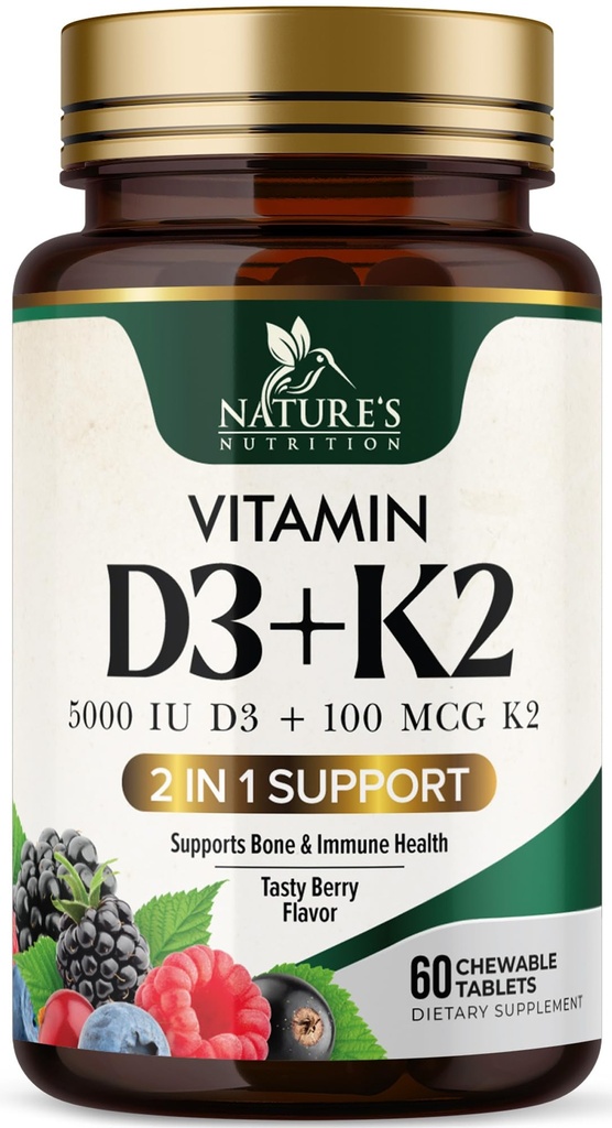 Witamina D3 K2 Suplement XI124; 5000 IU D3 + K2 100 mcg XI124; MK- 7 K2 z witaminą D XI124; Wspiera odporność, serce, zęby i zdrowie kości - Przyroda Łatwe do żucia, VIT D3 K2, Non-GMO, Smaczne Berry Flavor - 60 Tabletki