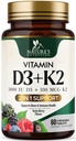 Witamina D3 K2 Suplement XI124; 5000 IU D3 + K2 100 mcg XI124; MK- 7 K2 z witaminą D XI124; Wspiera odporność, serce, zęby i zdrowie kości - Przyroda Łatwe do żucia, VIT D3 K2, Non-GMO, Smaczne Berry Flavor - 60 Tabletki