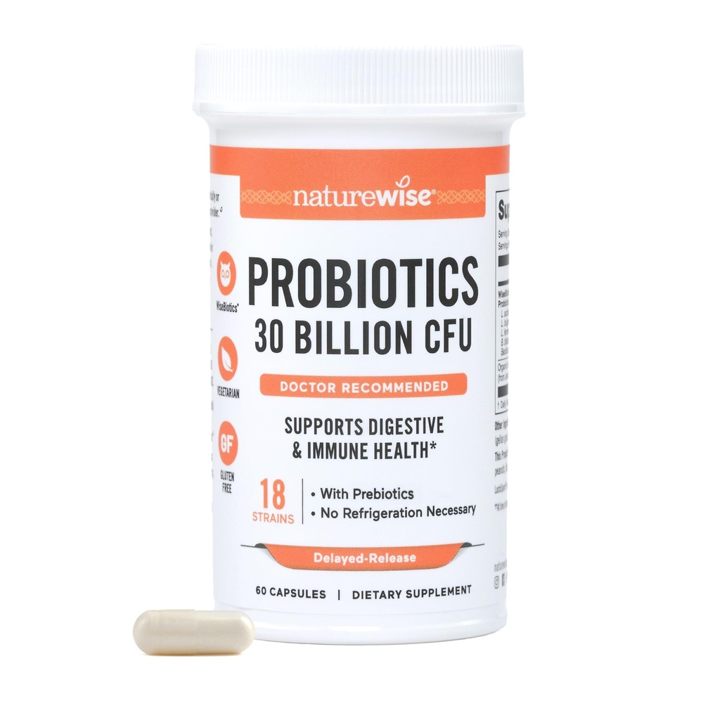 NatureWise Max Probiotyki dla Kobiet i Mężczyzn - 30 Miliard CFU 18 Cieśniny z Prebiotyką - Dla Gut & Digestive Health - Kapsułki opóźniające uwalnianie, Gluten Free - 60 Kapsułki [2- miesięczne dostawy]