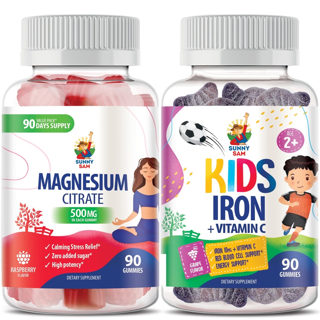 SUNNY SAM Żelazne gumki dla dzieci i dorosłych i gumek magnezu dla dorosłych - 500mg - Spokojne żucia magnezu - Magnezu Citrate Chewable Suplement do nastrojów i wsparcia mięśni. Witaminy żelazowe z witaminą C.