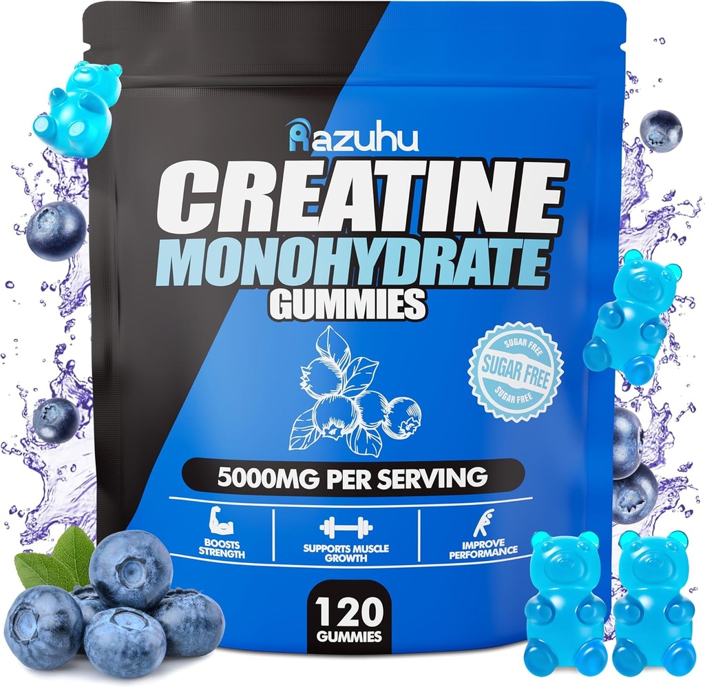 Pre Workout hcl kreatyna jednowodna Gummies, 120 Niebieskie żucie dla mężczyzn (Blueberry), kreatyna hcl Suplement energetyczny dla kobiet, ser białkowy Isolate Vital Source Gummies kobiece