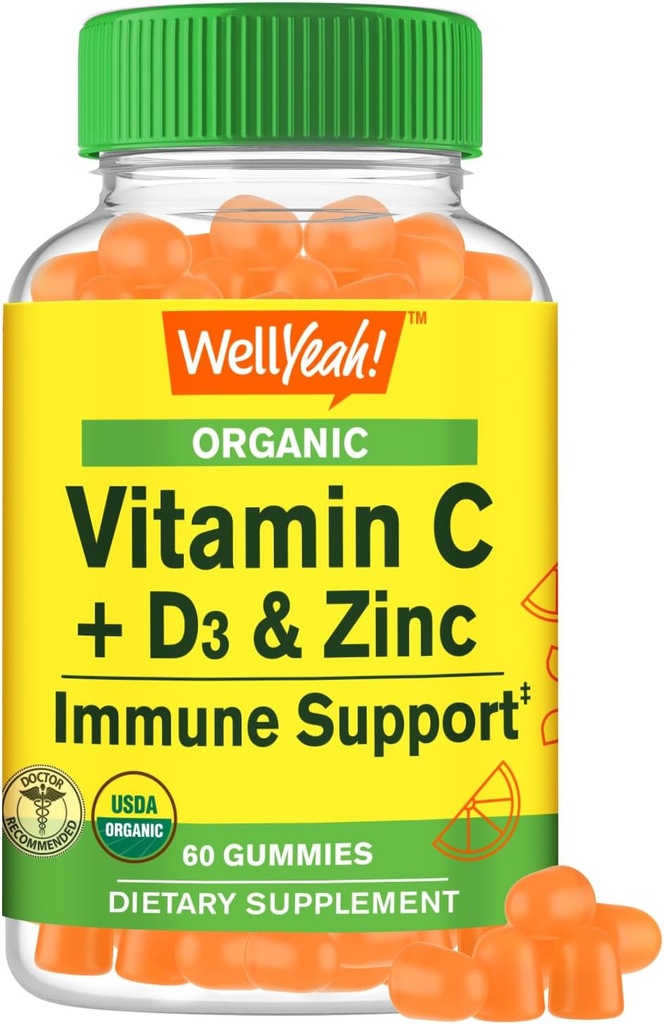 WellYeah Organic Witamina C + D3 + Gummie cynku - Wzmacnianie immunologiczne, Antyoksydant- bogaty i Bone Health Support, USDA Organic, Wegan i Non-GMO - Gluten- Free, Nut- Free Gummy - 60 Count