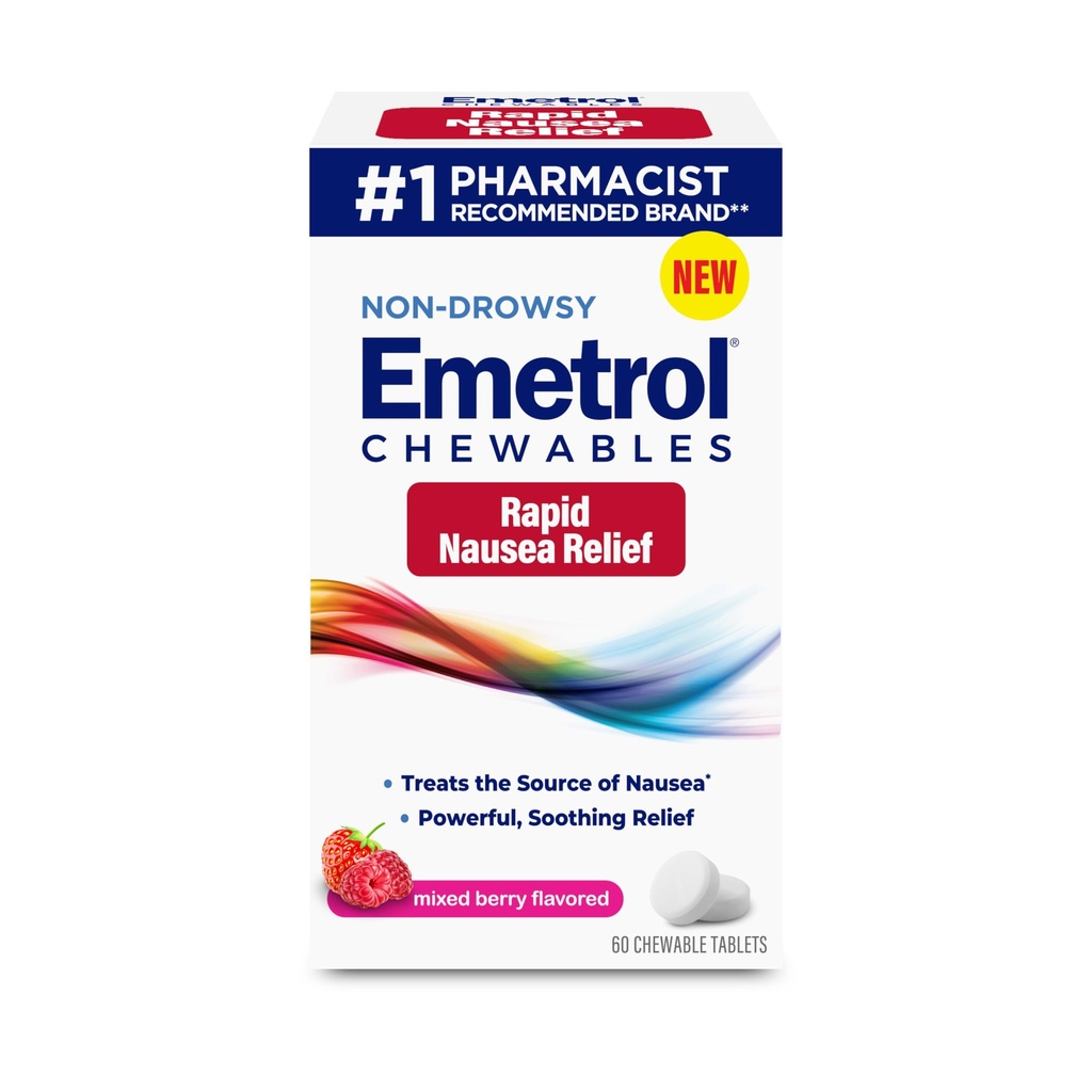 Emetrol Non-Drowsy Nudności Relief - Leki do żucia na rozstrój żołądkowy - Farmaceutyk Rekomendowane Nudności Relief - Mieszany Berry Flavor, 60 Tabletki