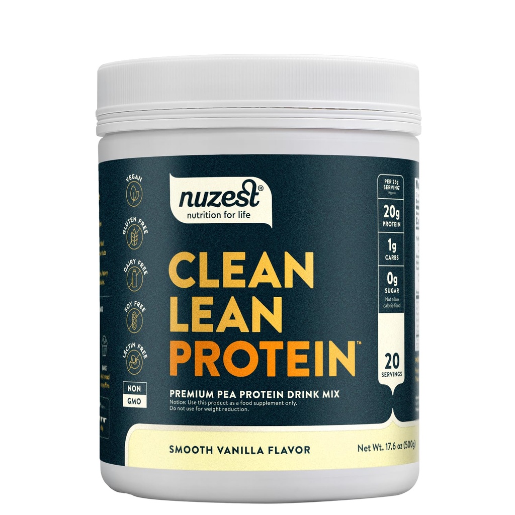 Nuzest - Proszek z protein grochowych - Białko czystej wargi, roślina wegetariańska premium oparta, bezmleczna, bez glutenu, wolne od GMO, naturalnie słodzone białko shake, gładka wanilia, 20 Służenia, 1.1 lb