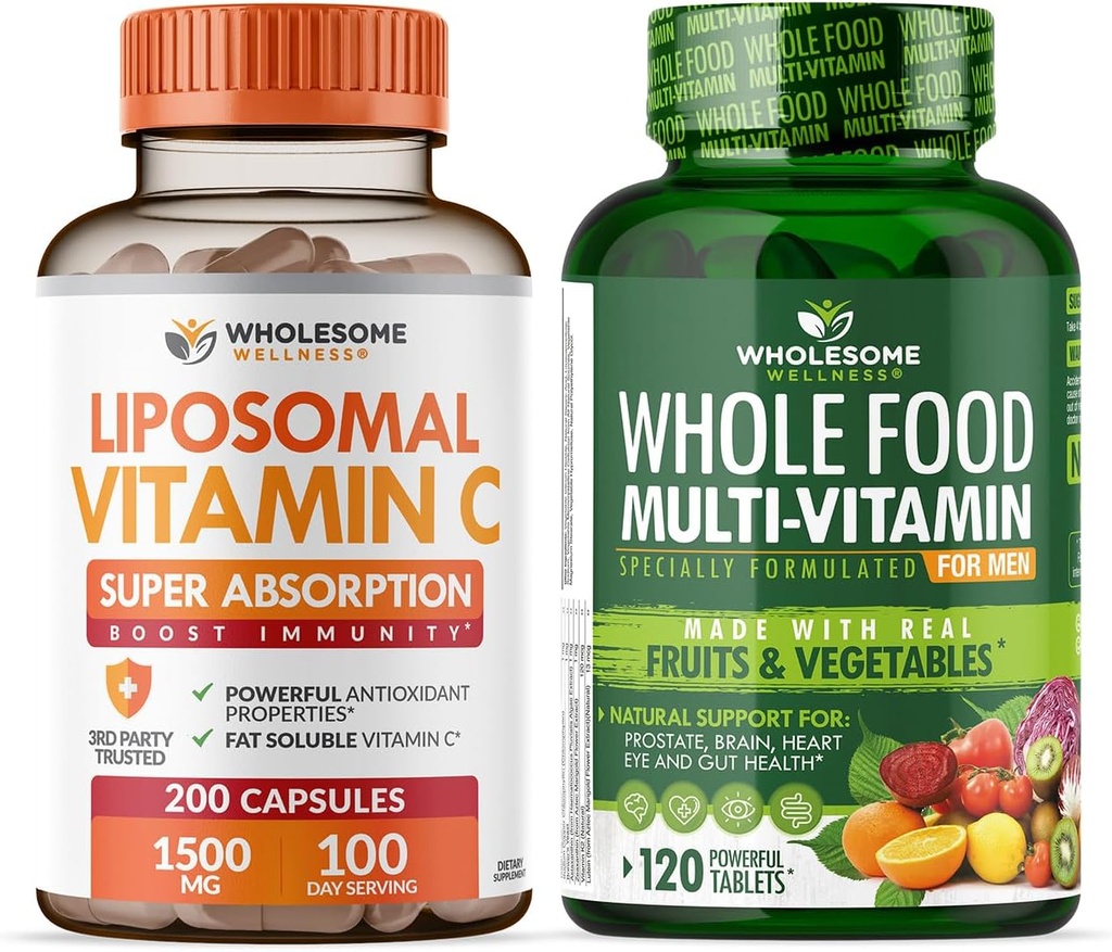 Zdrowy Wellness Witamina Liposomalna C Kapsułki (200 Tabletki 1500mg Buforowany) Wysoka Absorpcja + Żywność Multivitamina dla mężczyzn - Naturalne wielu witamin, Minerały, Ekstrakty Organiczne Bundle