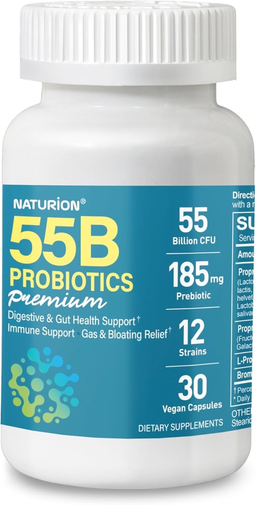 55B Probiotyka Premium - 55 Miliard CFU, 12 Szczepów, 185mg Prebiotyk - Immune Support, Digestive & Gut Health - Obsługuje sporadyczne zaparcia, Gaz & Bloating - 30 Kapsułek wegańskich, 30 Day Supply