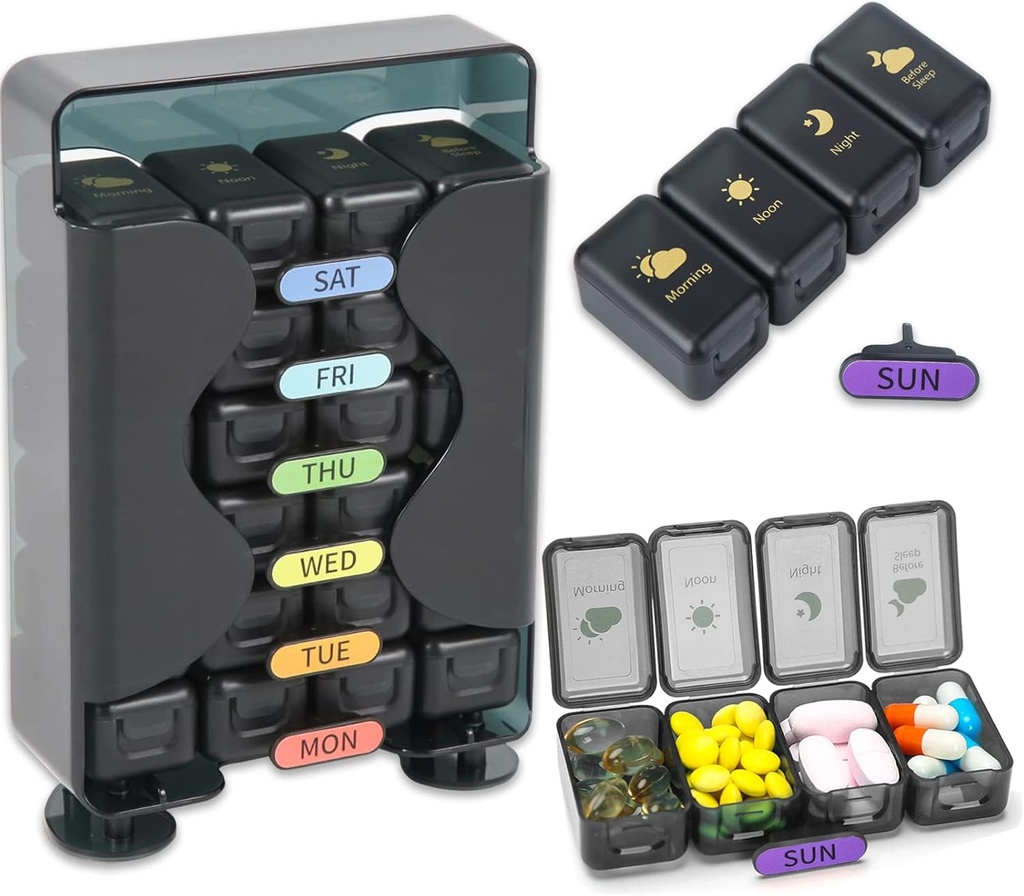 Cotygodniowy Pill Organizer 7 Day 4 Times a Day Dużego Pill Box Organizer z Drawer Designed Daily Pill Organizer to Hold Medicine, Medication, Vitamin and Fish Oils (Black)
