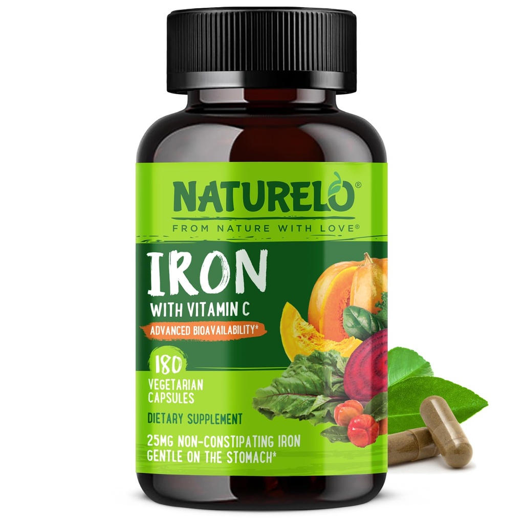 NATURELO Vegan Żelazo suplement z witaminą C i organiczna cała żywność - Delikatne żelazne pigułki dla kobiet i mężczyzn z niedoborem żelaza W tym ciąża, niedokrwistość i dieta wegańska - 180 Mini kapsułki