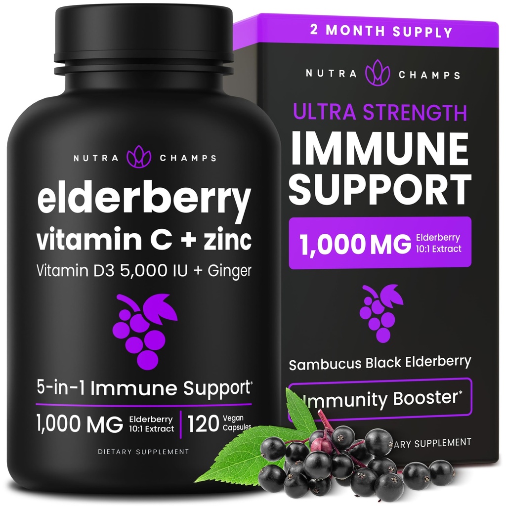 NutraChamps Elderberry z witaminą C i cynku - 5 w 1 Suplement odporności, 10,000mg Sambucus Black Elderberry Kapsułki z witaminą D3 5000 IU, Sambucus Elderberry Extract Immune Support dla dorosłych